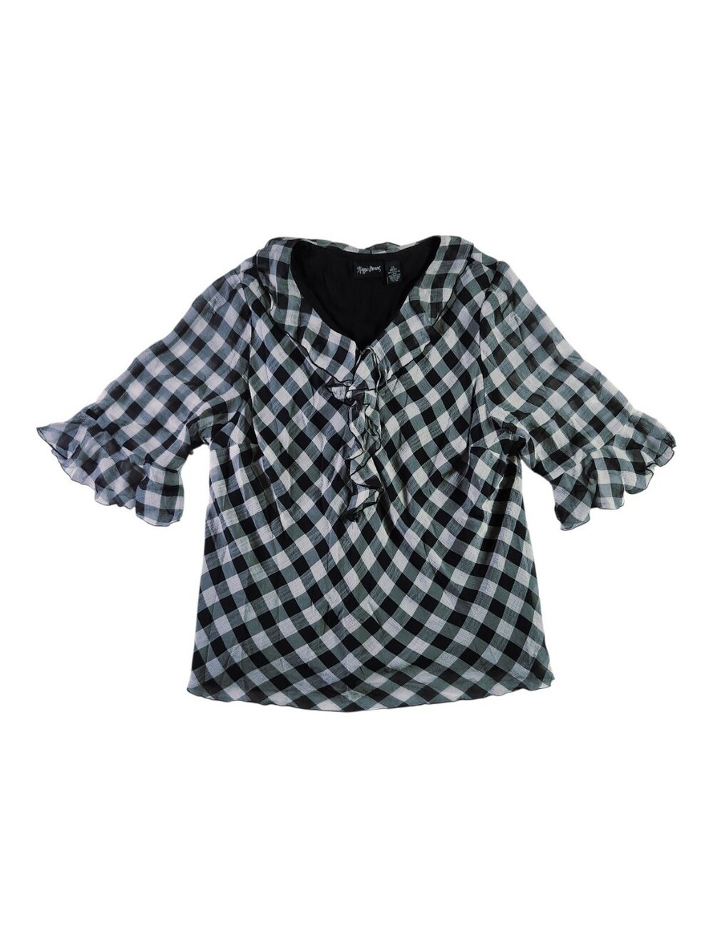 Maggie Barnes Black and White Check Ruffle Sleeve Blouse
